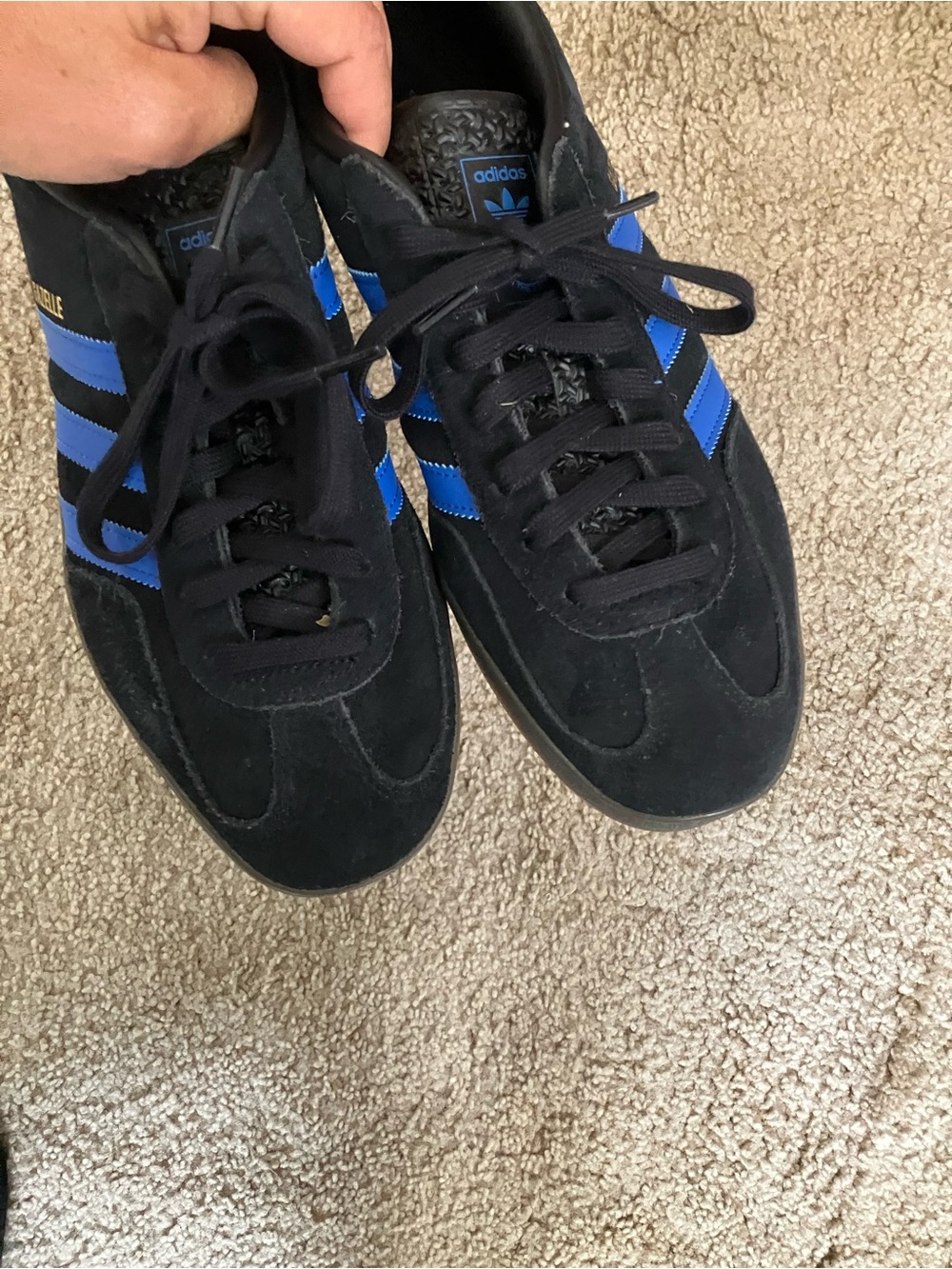 adidas Gazelle Black with Blue Stripes Men's Sneakers - Picture 2 of 5